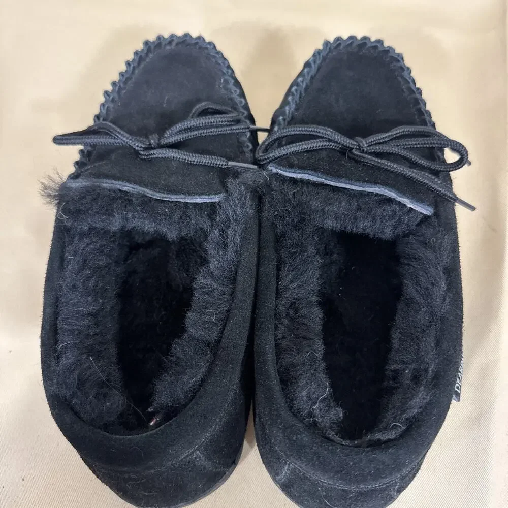 BEARPAW Mens 8 Black Suede Moccasin Slippers Fur Lined Tie Indoor Outdoor